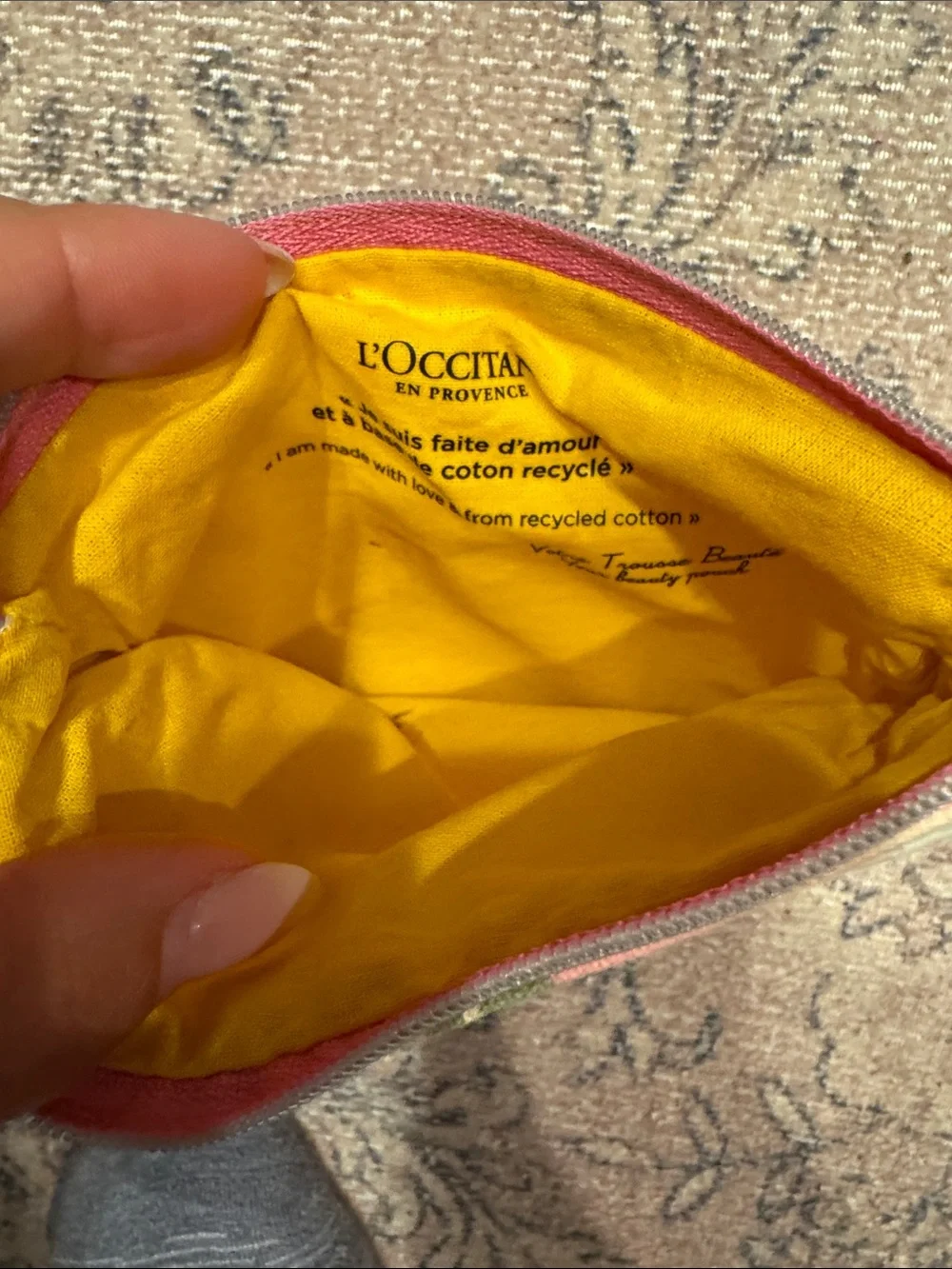 L'OCCITANE Cream Floral Cosmetic Pouch with Pink and Green Print